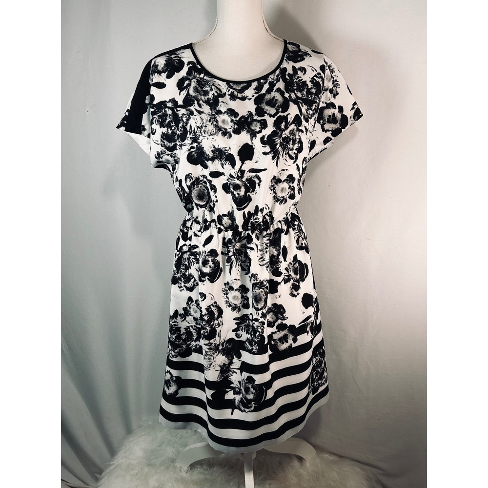 Kensie Womens Black White Floral Striped Elastic Waist Short Sleeve Dress Small